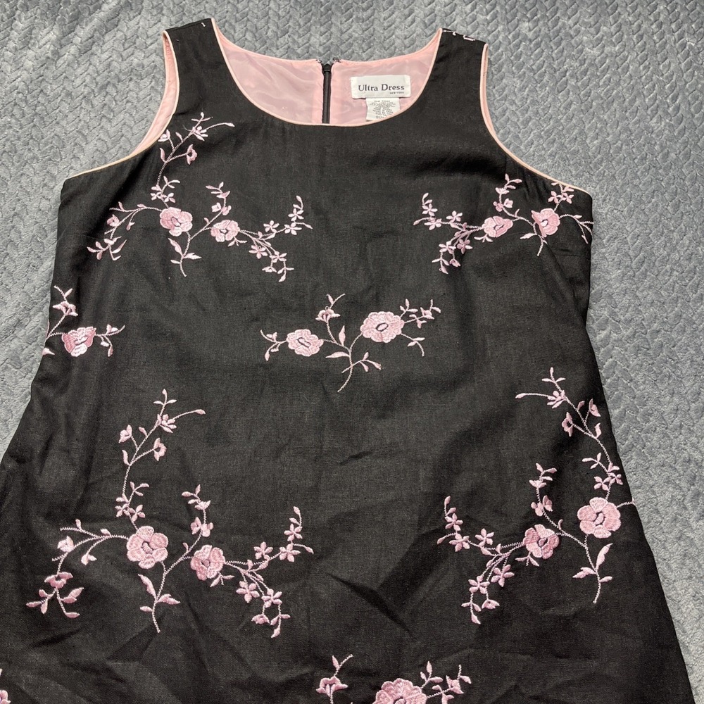 Ultra‎ Dress NY Black Linen Blend 12 Sleeveless Embroidered Pink Flowers Lined